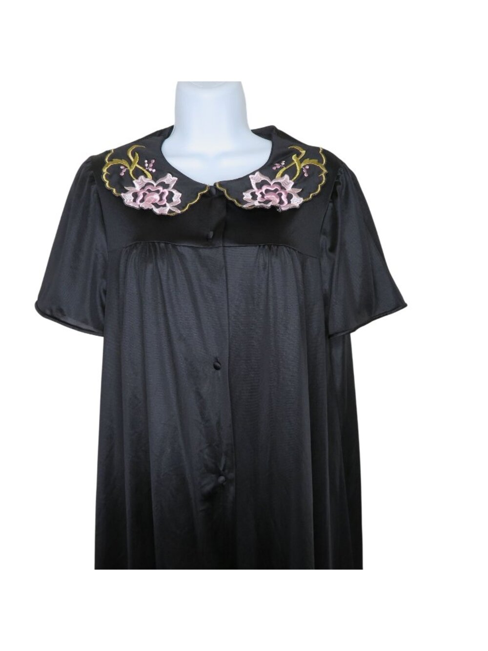 Vintage Vanity Fair Black Nylon Nightgown Robe Floral Embroidery Button Womens M